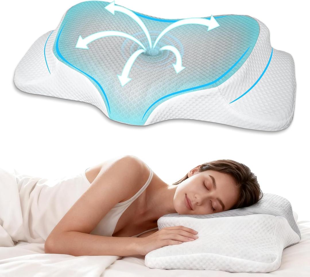 RestAssured Cervical Neck Pillow - Ergonomic Memory Foam Bed Pillows for Sleeping, Neck Pillows for Pain Relief, Back and Side Sleeper Pillow (White and Gray)