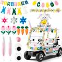 K1tpde 21PCS Easter Golf Cart Decoration Kit - Large Pink Plush Ears with Nose, White Rabbit Foil Balloon, Colorful Garland, Bunny Egg Banner, Flower Felt Sticker for Easter Car Holiday Parade Decor