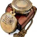 Vintage Brass Compass with Leather Case Engraved Not All Those Who Wander are Lost Antique Pocket Navigation Compass Gift for Travel Lovers, Hiking, Graduation, Birthday, Christmas