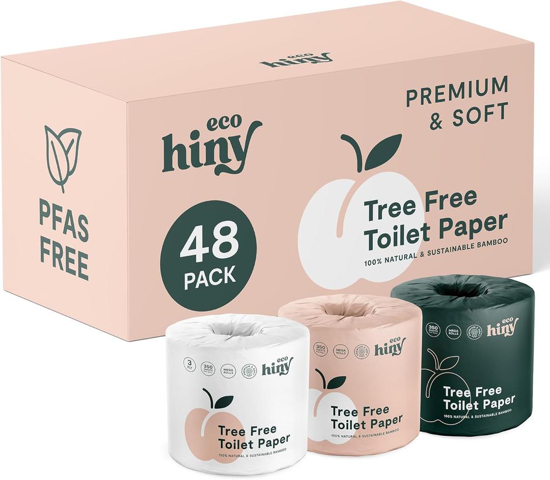 ecoHiny Premium & Soft Bamboo Toilet Paper | 48 Mega Rolls, 3 PLY & 350 Sheets | FSC Certified, PFAS Free, BPA Free, Septic Safe | Eco Friendly & Tree Free Toilet Tissues | Plastic Free Packaging