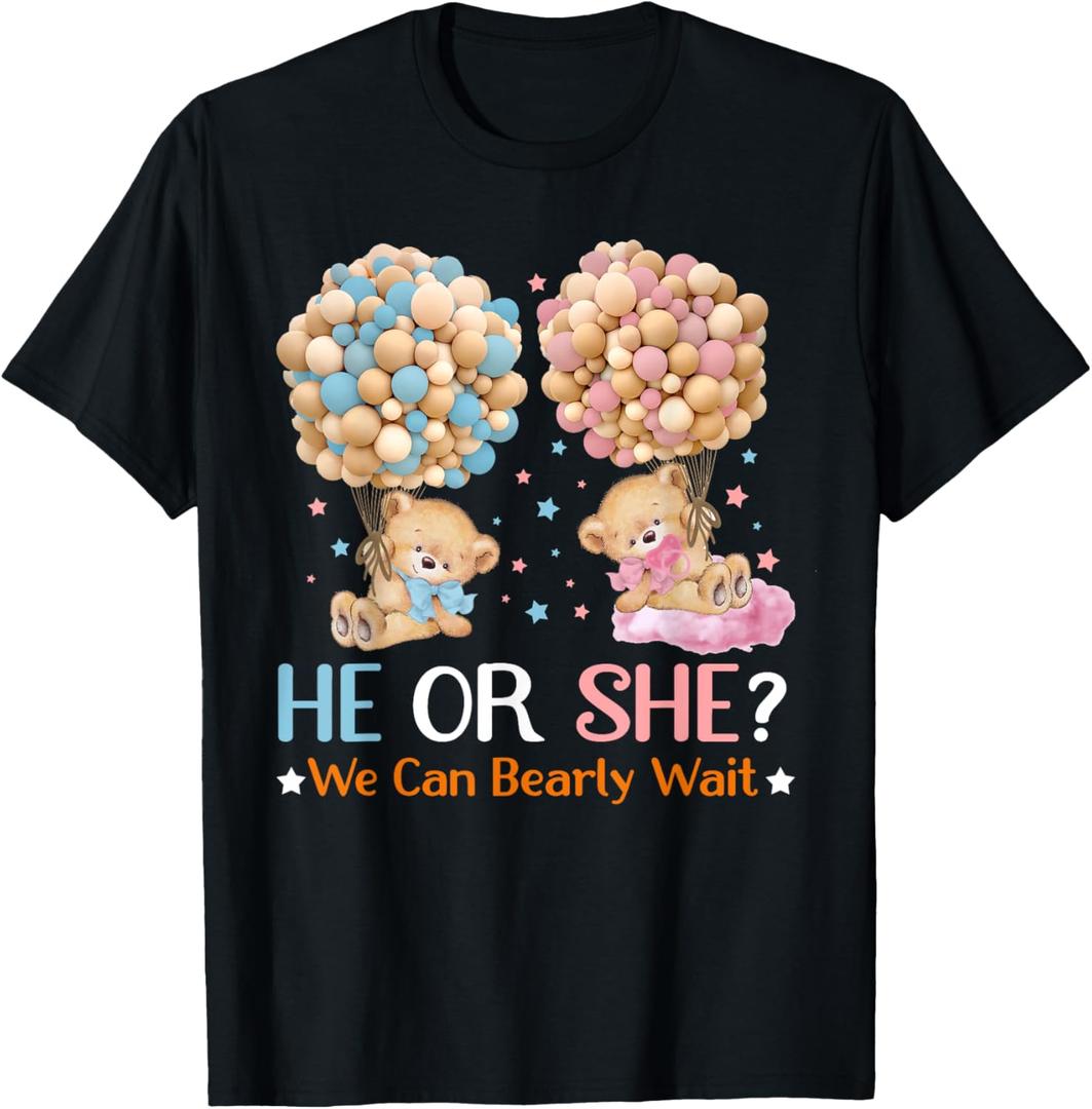 He or She We Can Bearly Wait Bears Balloons Gender Reveal T-Shirt (2 Medium, 1 Large)