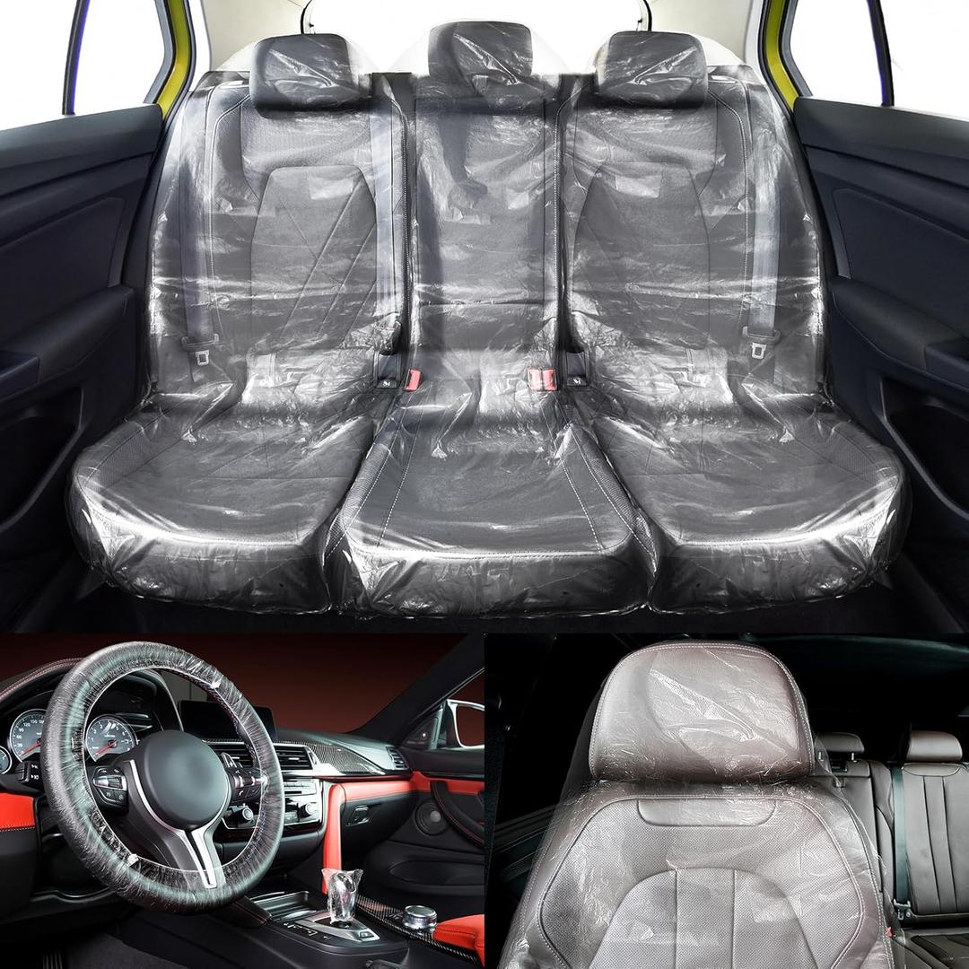 BBTO 30 Pcs Disposable Car Seat Cover Set Include 10 Plastic Back Seat Cover 20 Clear Front Protector with Automotive Accessories Universal Transparent Car Chair Protective Auto Protector