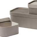 La Jolie Maison Velvet Storage Baskets with Lids, Sturdy Stackable Cardboard Boxes with Decorative Trays, Organizer Bins for Bathroom Bedroom Organizing, Taupe, Set of 3