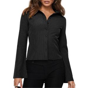 ECHOINE Women Button Down Shirts Long Sleeves Slim Fitted Casual Collared Blouses Work Striped Tops (Black) XL