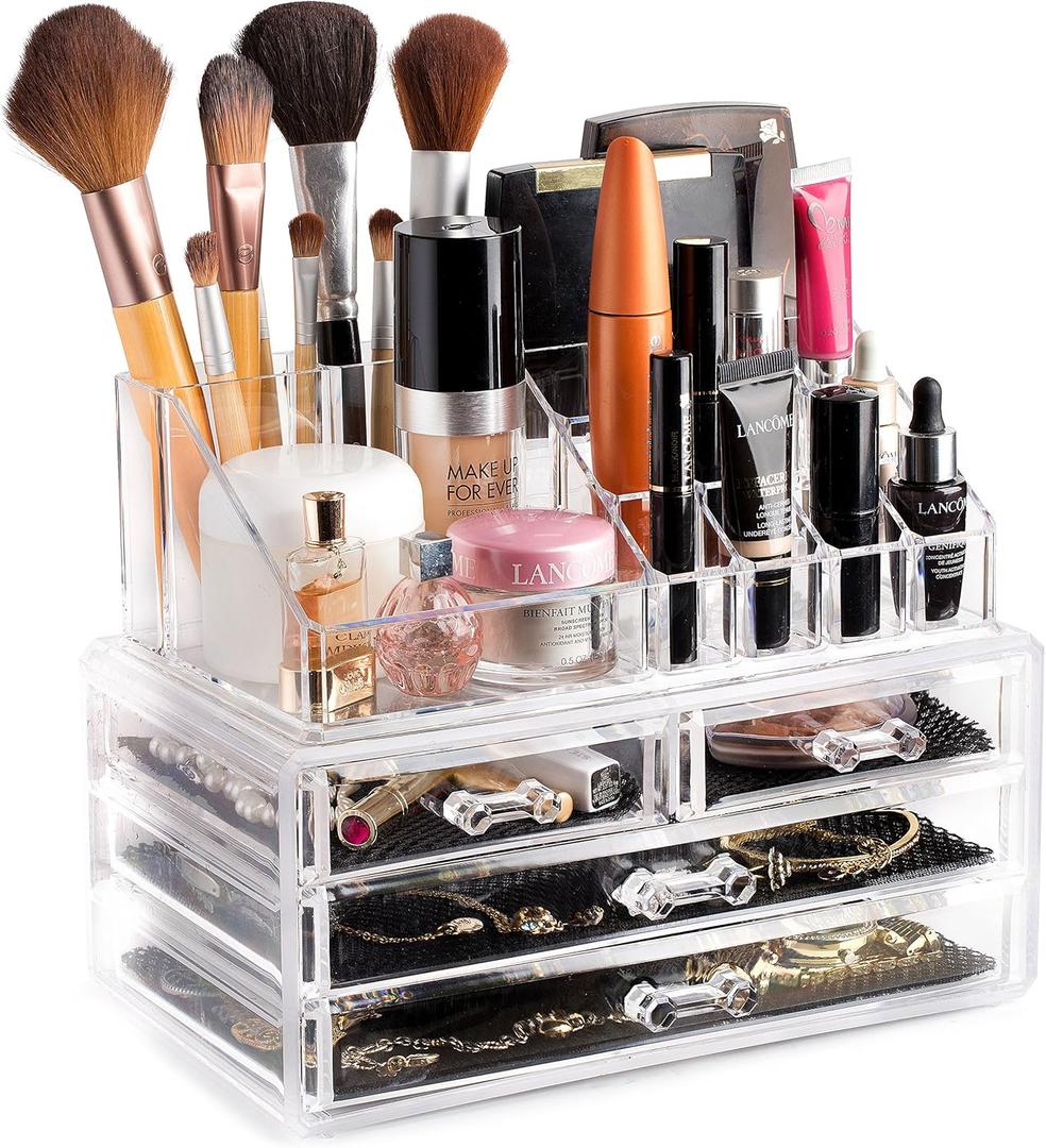 Masirs Clear Makeup Organizer  16-Compartment Cosmetic and Jewelry Holder, 4-Drawer Vanity Storage, Elegant Clear Design for Makeup and Accessories