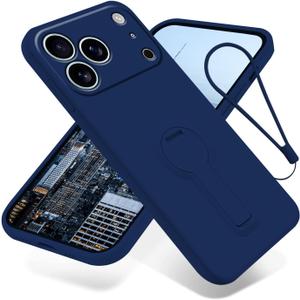 for iPhone 17 Pro Case with Stand, Slim Liquid Silicone Phone Case for iPhone 17 Pro with Wrist Strap Lanyard Shockproof Protective Bumper Cover (Blue)