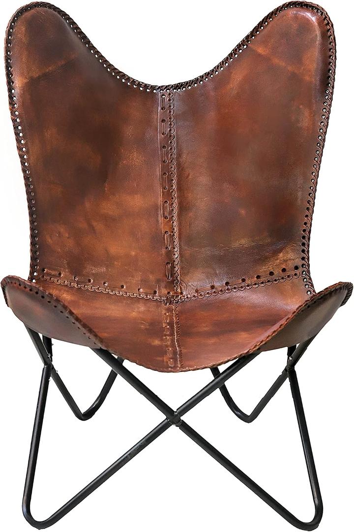 cuero Classy Handmade Dark Brown Leather Butterfly Chair Living Room- Side Hand Stich Leather Chair-Handmade with Powder Coated Folding Black Iron Frame (Cover with Folding Frame), 29.13 X 25.98 X 37.01 Inches