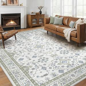 Area Rug 10x14 for Living Room - Washable Oriental Vintage Floral Distressed Large Indoor Carpets with Non Slip Back for Bedroom Dining Room Nursery Office Home Decor -Light Green