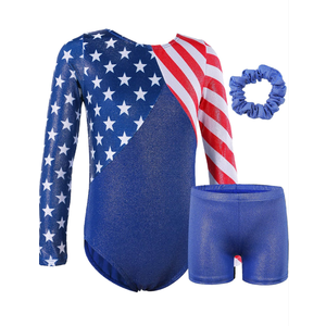 BAOHULU Gymnastics Leotards for Girls Patriotic Glitter Long Sleeve Dancewear with Matching Shorts Set ,10A