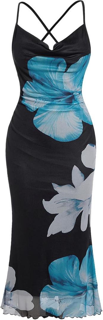 SOLY HUX Women's Floral Mesh Bodycon Cami Dress Cowl Neck Sleeveless Cocktail Party Wedding Guest Long Maxi Dresses (Medium)
