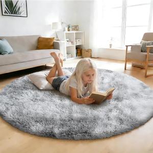 Tie-Dyed Fluffy Round Rug,Soft Area Rugs for Girls Room,Shaggy Rugs 3'X3' for Living Room,Non Slip Circle Rug for Kids Bedroom,Shag Plush Nursery Rug,Plush Carpet for Dorm,Furry Room Decor,Light Grey