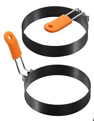 Patelai 2 Pcs Professional Egg Ring Pancake Ring Set Stainless Steel Fried Egg Molds Griddle Pancake Shapers with Orange Silicone Handle for Breakfast Omelette Sandwich(4 Inch)