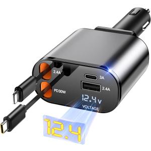 Retractable Car Charger,69W Car Phone Charger USB C Fast Charge,Cigarette Lighter USB Charger Car Accessories for Women,Road Trip Essentials Gift for Men,RV Power Adapter for iPhone 17/16/15/14,Galaxy