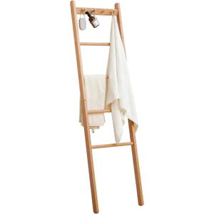 Beech Wood Blanket Ladder, 5.3ft Natural Farmhouse Quilt Holder with Top Hooks, 4-Bar Decorative Throw Rack, Towel Shelf for Living Room, Bedroom, Small Space Storage (Natural)