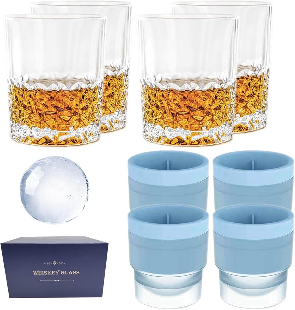 Whiskey Glasses,8-piece set (4 Crystal Glasses, 4 Round Ice Ball Molds) In Gift Box, 10 oz Old Fashioned,2.5 Inches Sphere Ice Ball,Cocktails,Brandy,Whiskey Gift for Men at Home Bar