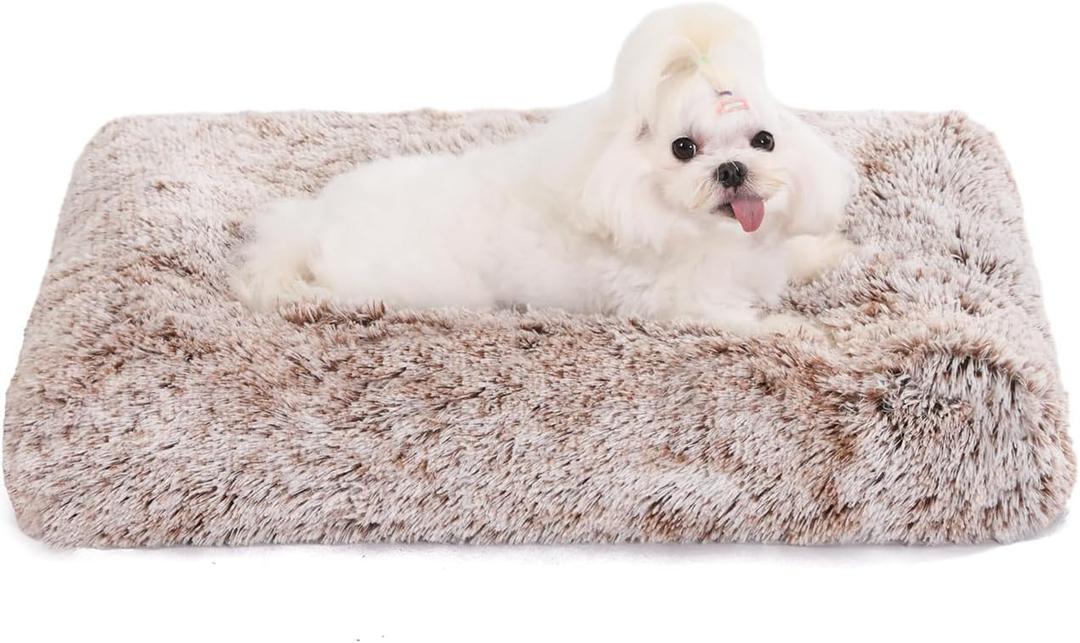 Bedfolks Waterproof Crate Bed, Plush Dog & Cat Bed with Removable Washable Cover, Faux Fur Kennel Pad, 21"x13", Brown