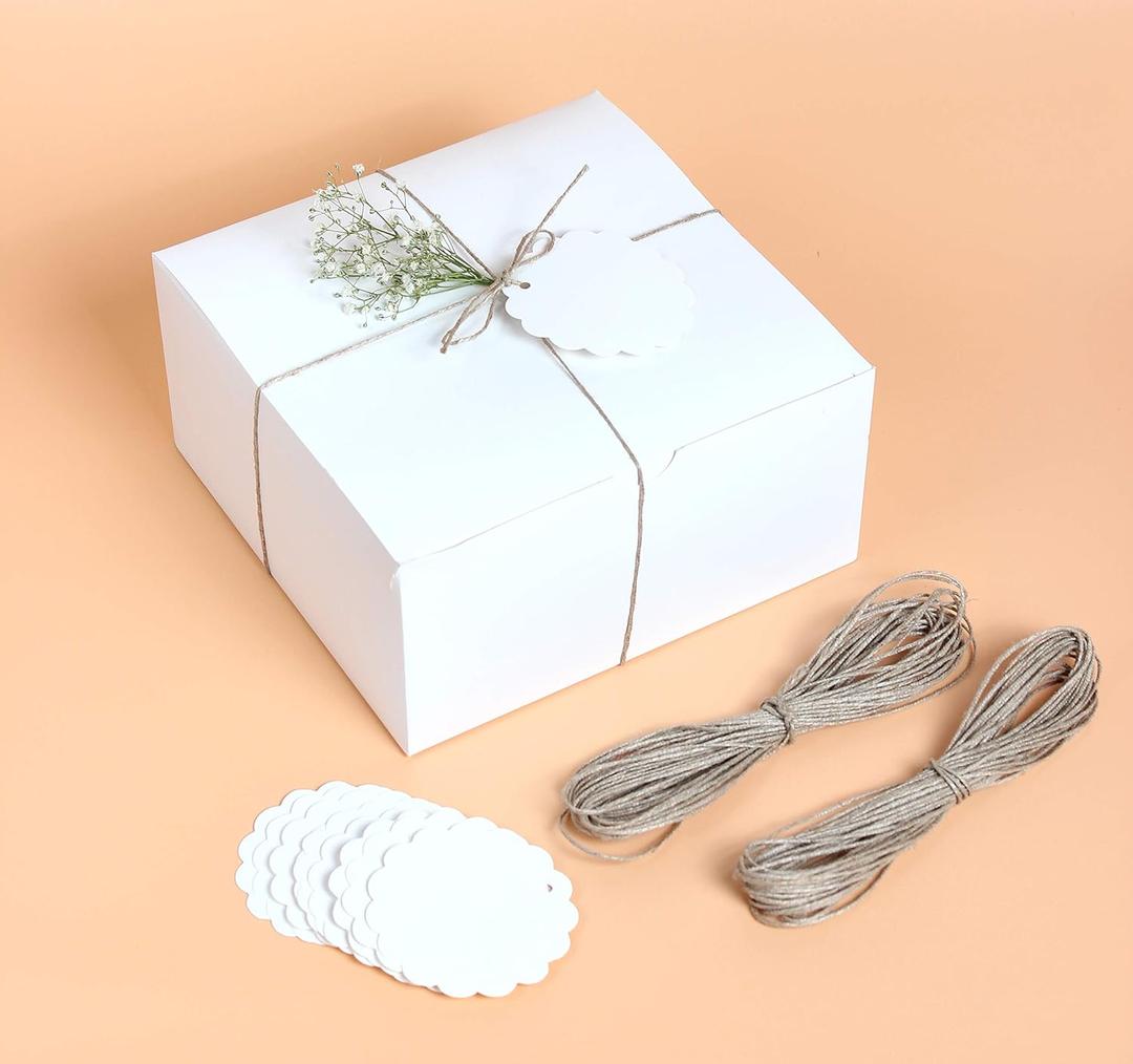 White Gift Boxes (Pack of 20) Size 8x8x4 Inches, Thick Paper Boxes with Lids, Tags & Jute Rope for Bridesmaid Proposals, Wedding Presents, Birthday Party Favor, Baby Shower and Christmas