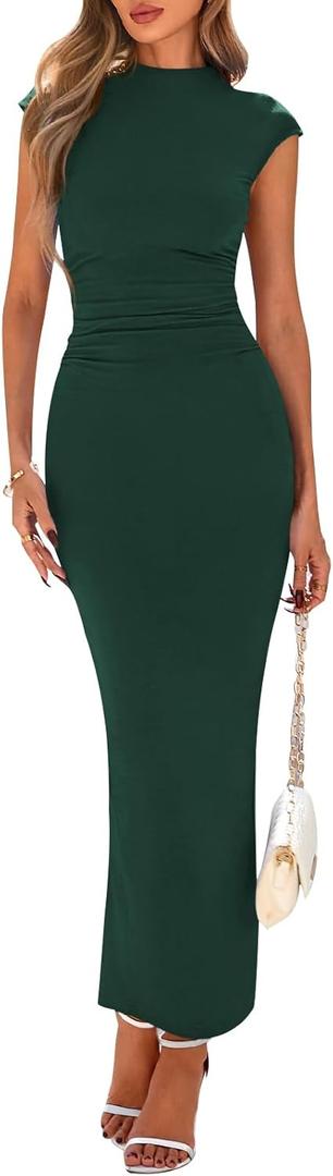 PRETTYGARDEN Women's Summer Maxi Dress Ruched Bodycon Sleeveless Formal Wedding Guest Elegant Cocktail Party Slit Dresses (Medium, Dark Green)