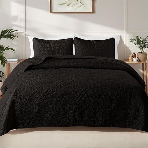 Exclusivo Mezcla Quilts Queen Size Bedding Lightweight Black Full Queen Quilt Bedspread with Vintage Damask Pattern, Soft Bedspreads Coverlets for All Seasons (No Pillow Shams)