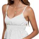 2 x LYANER Women's V Neck Elastic Waist Pleated Ruffle Hem Sleeveless Strappy Crop Cami Top (White, XL)