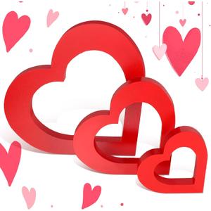 Blulu 3 Pieces Valentine's Day Heart Wooden Sign Heart Shape Table Decoration Love Wood Decor Rustic Valentine Tabletop Centerpiece for Valentine's Day Home Kitchen Bedroom Decor , Red 
