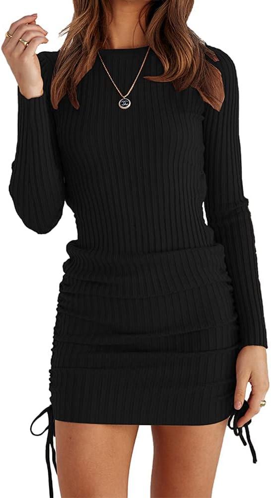 OWIN Women's Long Sleeve Ribbed Knit Casual Bodycon Mini Dress Ruched Drawstring Fall Pullover Sweater Dresses (S)