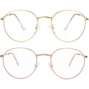Onrtry Circle Blue Light Glasses for Women Men Round Metal Frame Computer Gaming Eyeglasses 2 Pack (A6 Gold+rose Gold)