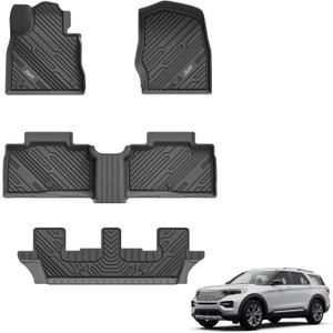 3W Floor Mats Custom Fit for 2020-2023 2024 2025 Ford Explorer 7 Passenger, All Weather TPE Full Set Car Accessories Floor Liner Including 3 Rows Car Mats (Includes Explorer Hybrid)