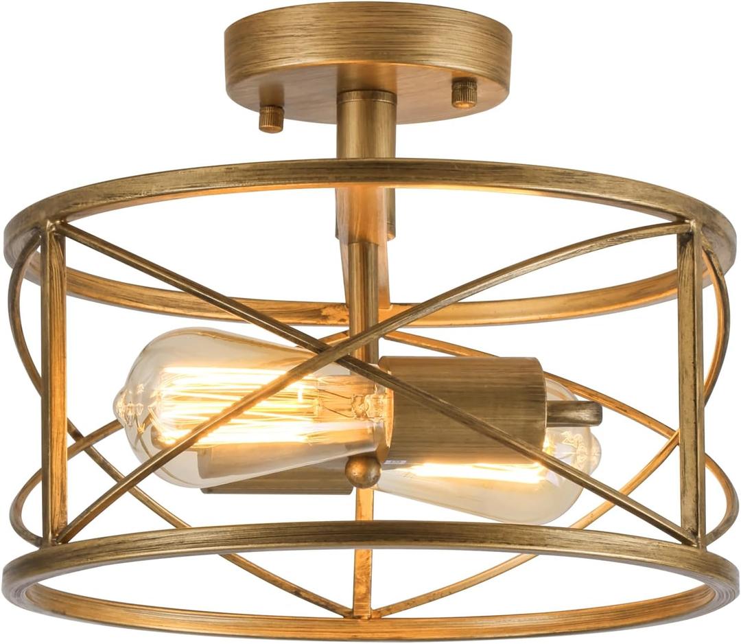 2-Light Semi Flush Mount Brushed Brass Ceiling Light Fixture, Farmhouse Industrial Metal Cage with Adjustable Height, Dimmable for Hallway Entryway Kitchen Bedroom Foyer Laundry Low Ceiling, Brushed Gold Semi Flush Ceiling Light