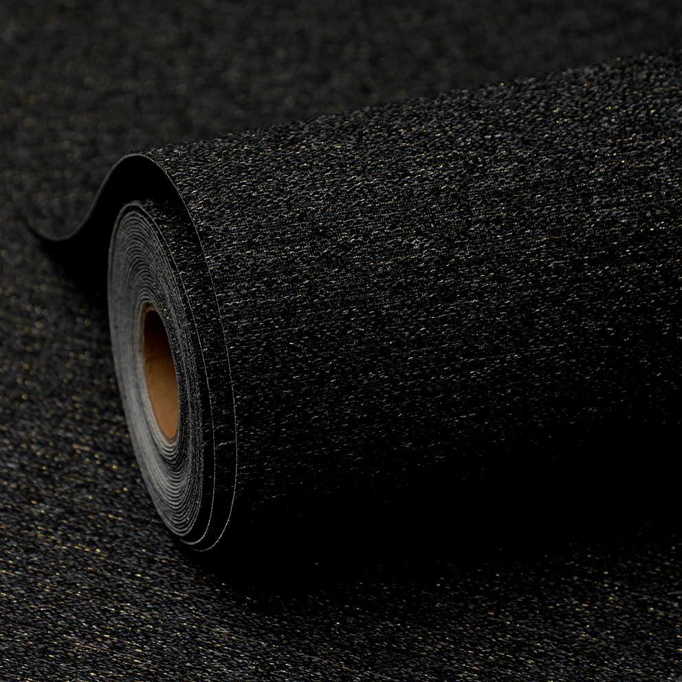 Black and Gold Peel and Stick Wallpaper Slight Velvety Feeling Woven Fabric Grasscloth Textured Washable Thick Self-Adhesive Contact Paper Removable (16.5"x236.2") S71