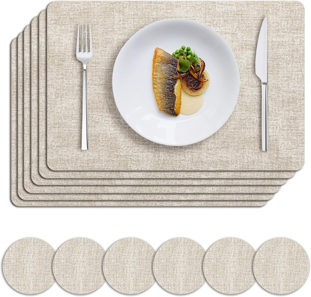 MOSAYT Faux Leather Placemats Set of 6, Heat Resistant Wipeable Washable Vinyl Place Mats with Coasters, Waterproof Oil Proof Table Mats for Kitchen Dining Party Indoor Outdoor, 12" x 17", Beige