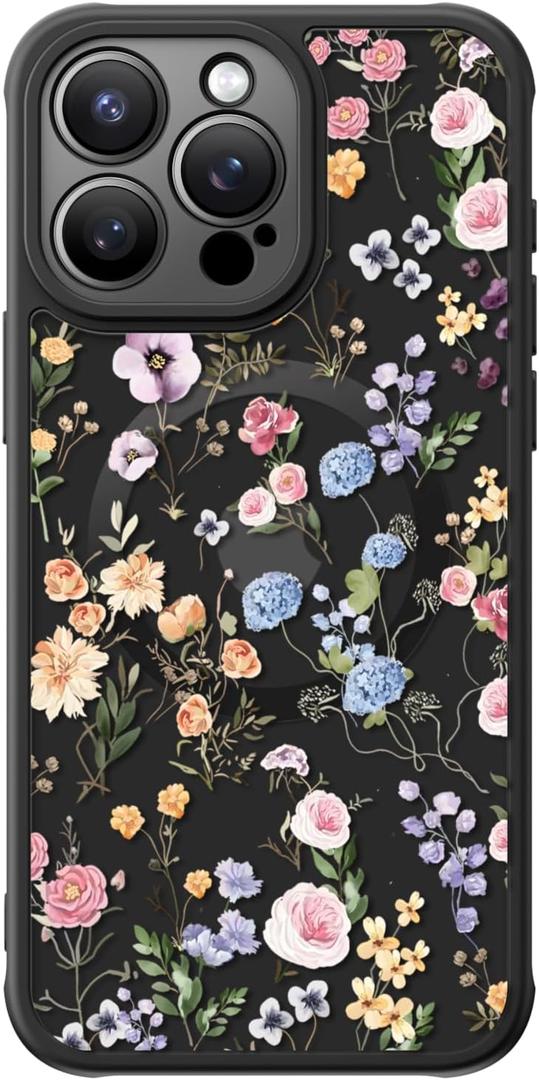 FUNMIKO for iPhone 15 Pro Max Case Wireless Charging & Military-Grade Protection - Cute Floral Design for Women Girls, Non-Slip Matte Cover with Shockproof Corners - Flowers and Leaves