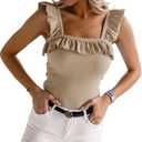 Womens Cute Sleeveless Tank Tops Ruffle Strap Square Neck Blouse Solid Color Knitted Camisole (XX-Large, Dark Khaki)