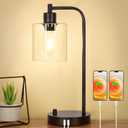 Industrial Table Lamp with 2 USB Charging Ports, Fully Stepless Dimmable Modern Nightstand Lamp, Glass Shade Bedside Desk Lamp for Bedroom Living Room Office, 6W 2700K LED Edison Bulb Included (Matte Black)