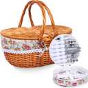 Wicker Picnic Basket with Handle, 15" Large Picnic Basket with Lid & Removable Liner, Vintage Hand Woven Basket with Cutlery Set for Picnics, Camping, Thanksgiving, and Birthday (4-person cutlery bag, Flower)