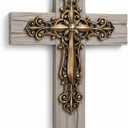 Comfy Hour 13" Decorative Layered Wall Cross, Antique Style Copper Tone Cross on Rustic Wood Look Base, Artisan Crafted Resin Plaque for Home and Office Wall Art