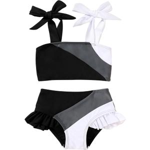 YOUNGER TREE Toddler Girls Two Pieces Swimsuit Color Block Stripe Swimwear Summer Beach Bathing Suit 18M-5T (Black#white)
