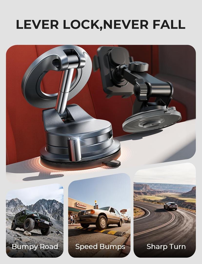 LISEN for Magsafe Car Mount, Cell Phone Holders for Your Car, Magnetic Car Accessories for Women Men Jeep Truck BMW, Vacuum Gifts Kits for iPhone 17 Pro Max 16 15 14 13 12, Samsung S25, Black