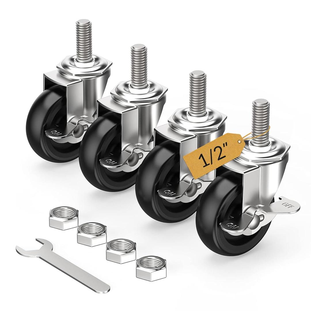 HOLKIE Caster Wheels 3 inch Locking Casters Set of 4, Threaded Stem 1/2" -13 x 1-1/2" (Diameter 1/2", Length 1-1/2") Swivel Heavy Duty Castors Black