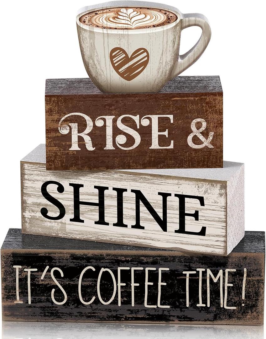 4 Pcs Farmhouse Coffee Bar Sign Decor Wooden Cup Rise & Shine It's Coffee Time Rustic Wood Cafe Sign Gift for Home Kitchen Tabletop Decor