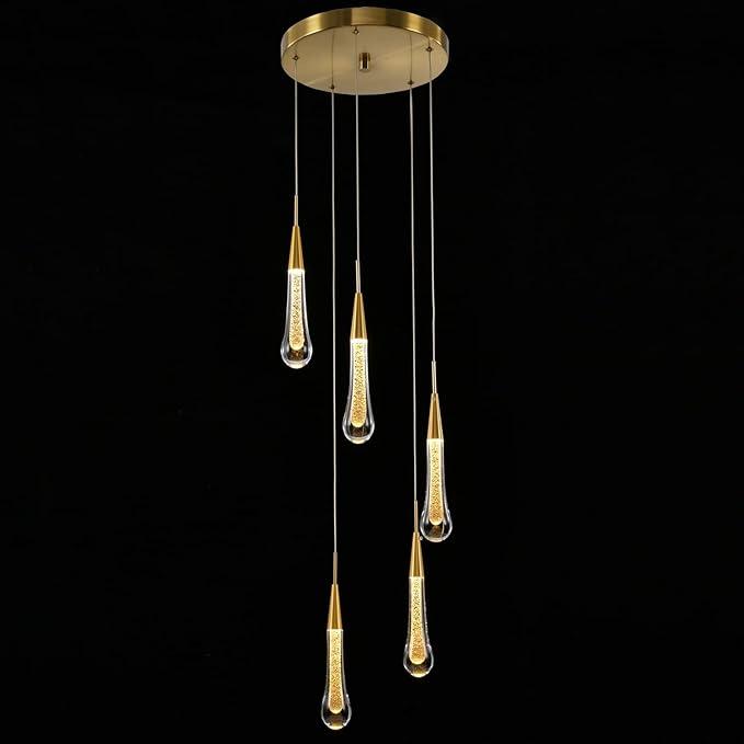 5-Light LED Chandelier Modern Pendant Light Raindrop, Crystal Pendant Light Fixtures, Gold Pendant Lighting for Kitchen Island Foyer Hallway Bedroom 4000K Neutral White