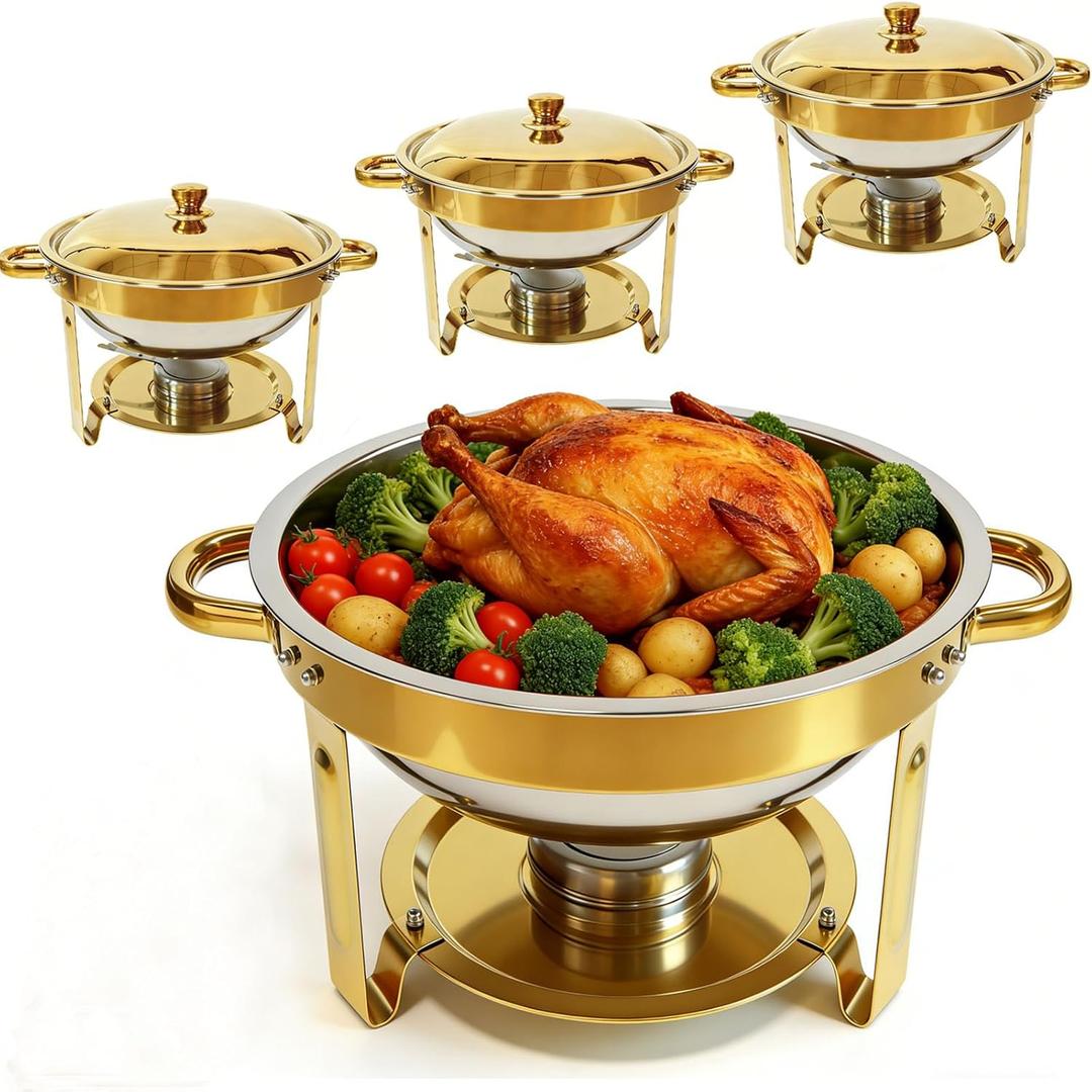 Gold Chafing Dish Buffet Set, 4-Pack 6QT 304 Stainless Steel Round Food Warmers with Lids, Water Pans & Fuel Holders for Catering, Wedding Receptions & Parties