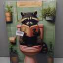 Funny Raccoon Bathroom Canvas Wall Art Picture Humorous Animal Poster Prints Raccoon Sitting On The Toilet Reading Book Painting Wall Decor for Washroom Restroom 16x24in Framed Ready To Hang