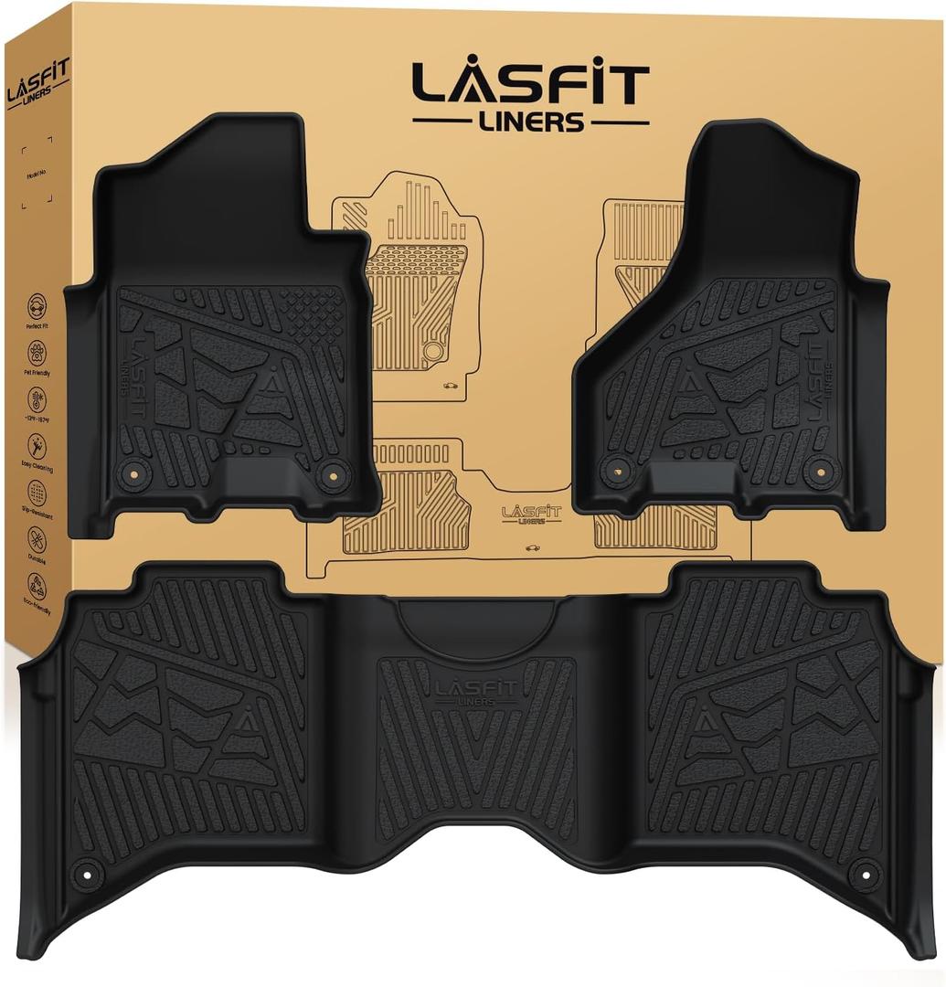LASFIT Floor Mats for 2019-2025 2026 Ram 2500/3500 Crew Cab Bucket Seat for Carpet & Vinyl Floor (NOT fit Model with PTO Kit), All Weather TPE Custom Fit Car Mats Floor Liners 1st & 2nd Row, Black
