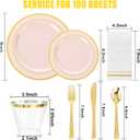 GATHER 700PCS Pink Plastic Plates - Gold Rim Disposable Plastic Dinnerware Set Include 200 Pink Plates, 300 Silverware, 100 Napkins, 100 Cups for Party & Wedding & Mother's Day
