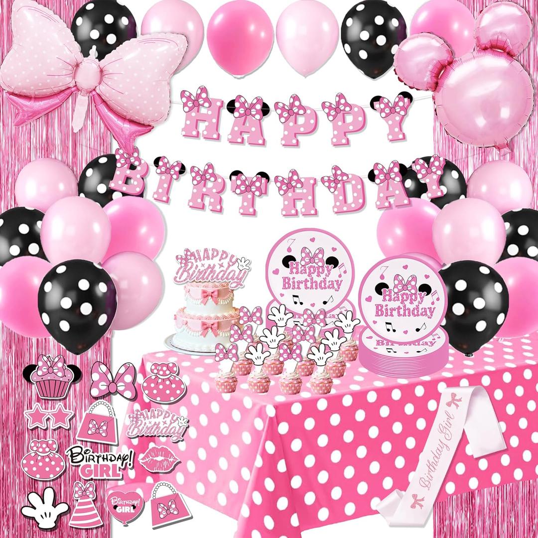 Pink Cartoon Mouse Birthday Decorations for Girls - 60Pcs Party Supplies Kit with 2 Foil Curtains, Large Bow Balloon, Tablecloth, 12 Plates and Cake Toppers for Polka Dot Theme Photo Prop