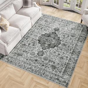 5ft x 7ft Area Rugs, Machine Washable Non Slip Distressed Boho Rugs, Area Rug for Living Room, No Pile Lightweight Vintage Rug, Soft Accent Carpet for Dining Room, Bedroom, Grey