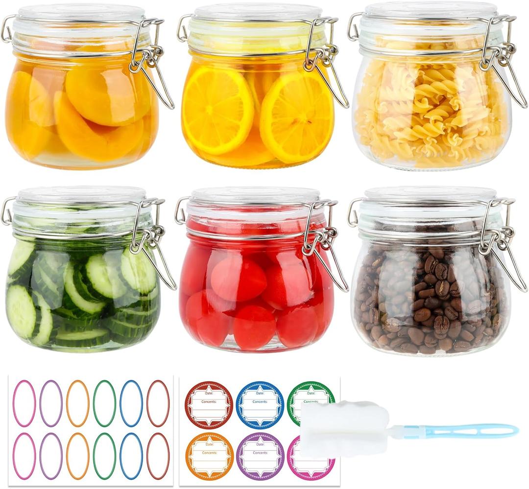 HINGWAH 16 oz Glass Jars with Airtight Lids, 6 Pack Wide Mouth Mason Jars with Clamp Lids for Kitchen Canisters, Food Storage Containers for Pickling, Coffee, Spices, Sugar, Herbs