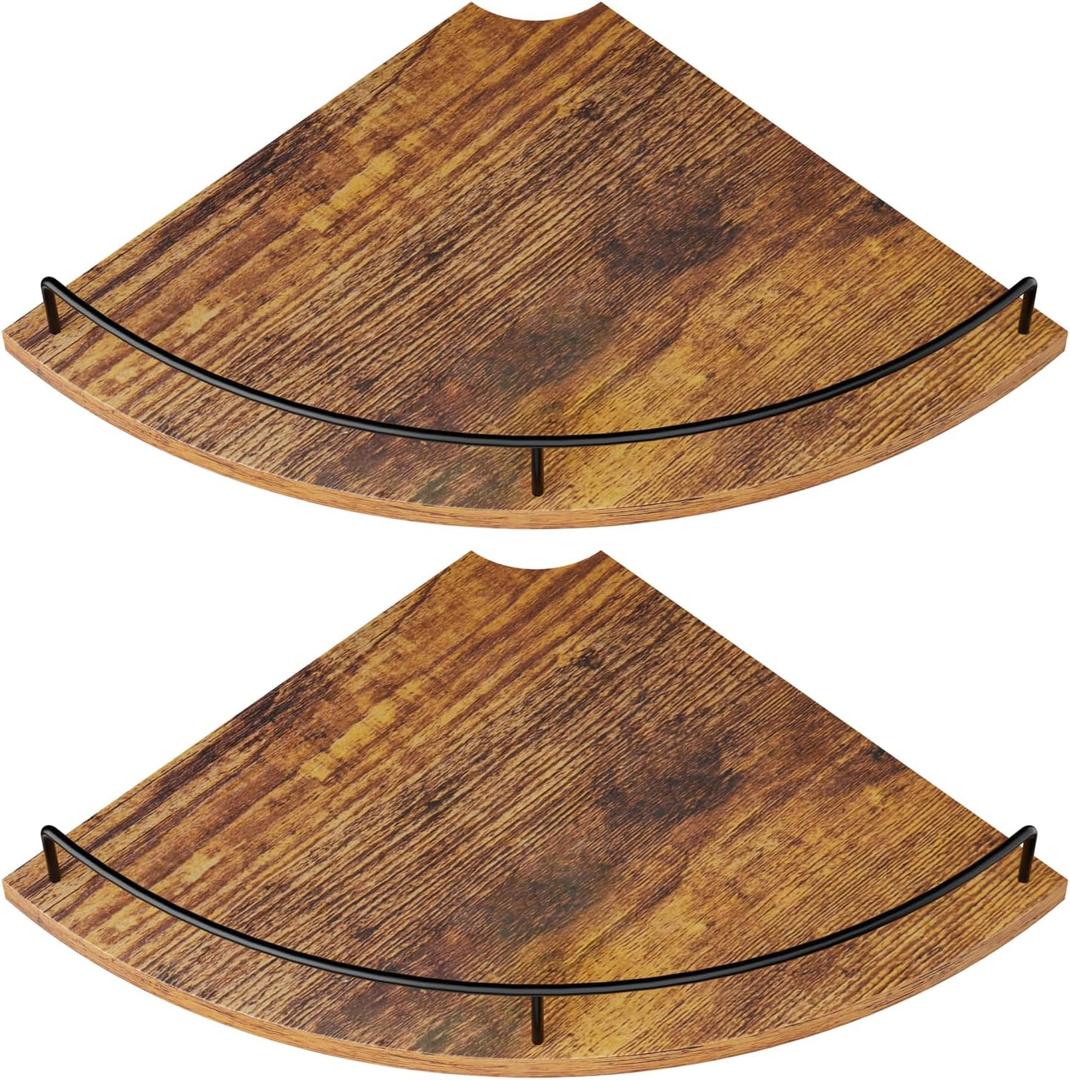 Corner Floating Shelves, Rustic Brown Wood, Set of 2, Wall Mount Storage with Guardrail for Bathroom Kitchen Living Room