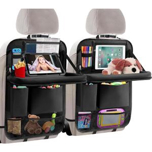 Car backseat organizer,with tablet holder, 6 storage pockets, foldable food tray, car seat back protectors kick mats, travel accessories, black (2)